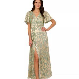 Adrianna Papell Foil Leaf Flutter-Sleeve Draped Gown